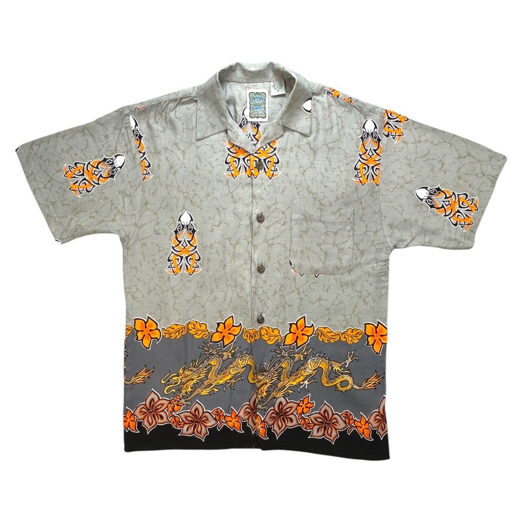 Vintage Ocean Current Button Up Mens Medium Gray Dragon Tribal Y2K Rayon